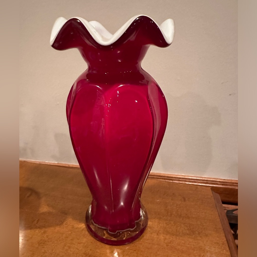 Vintage Ruby Red Cased Art Vase Hand Blown Glass White Interior